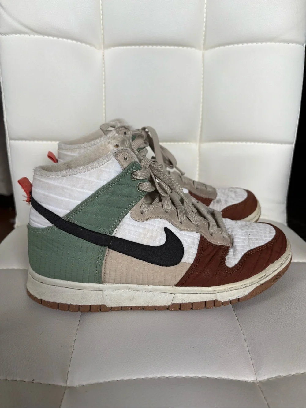 Nike Men’s High-Top Nike Dunk Sneakers in White, Brown & Green